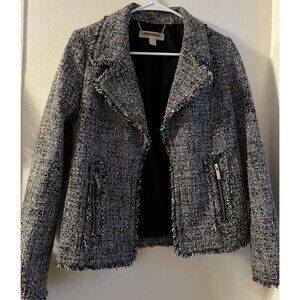 Michael Kors Jacket Womens SZ 0 Gray Black Frayed Trim Open Front Front Pockets